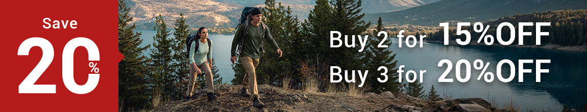 Moosehill official store spring promotion featuring comfortable men's and women's hiking pants with up to 20% off discount for buying 3 items in a scenic mountain landscape.