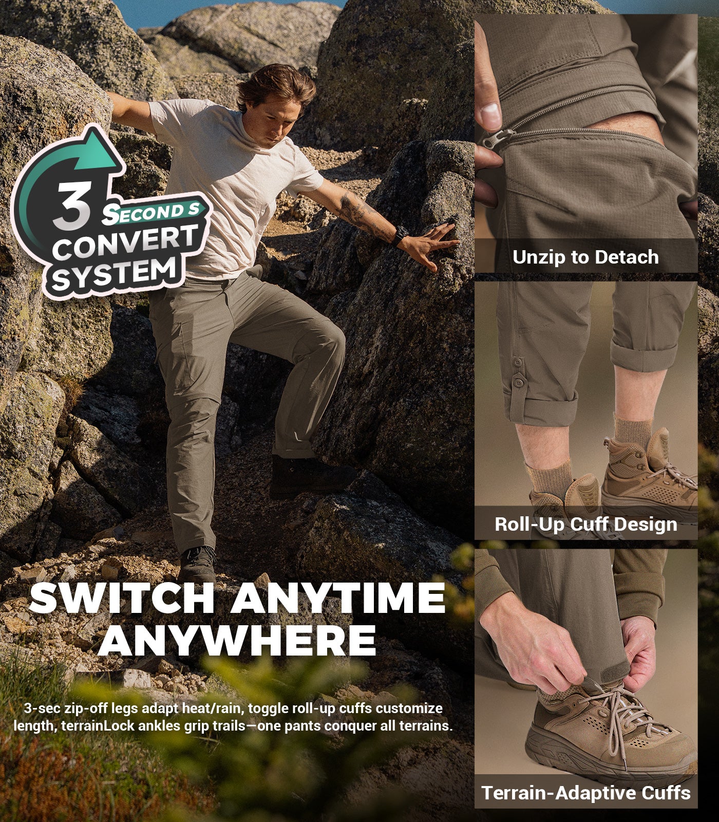 Pantalon de randonnée convertible pour hommes Pantalon cargo à séchage rapide - HikerFlex M015