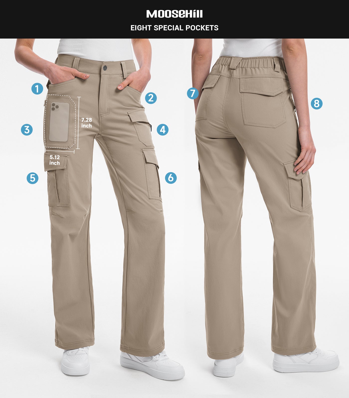Moosehill Women's Cargo Hiking Pants - High Waisted, Water Resistant, Lightweight Stretch, 8 Pockets