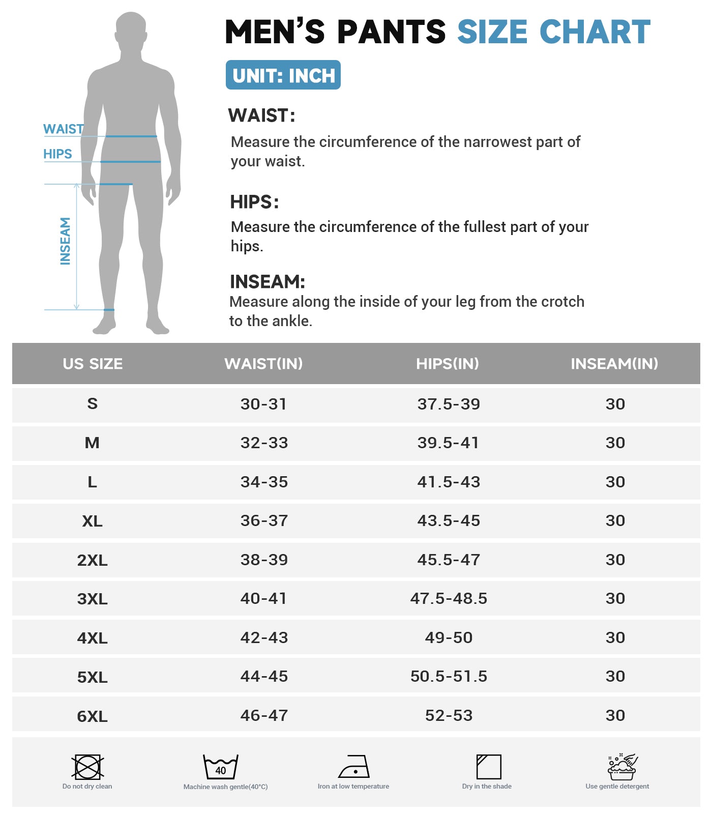 Mens hiking pants size chart