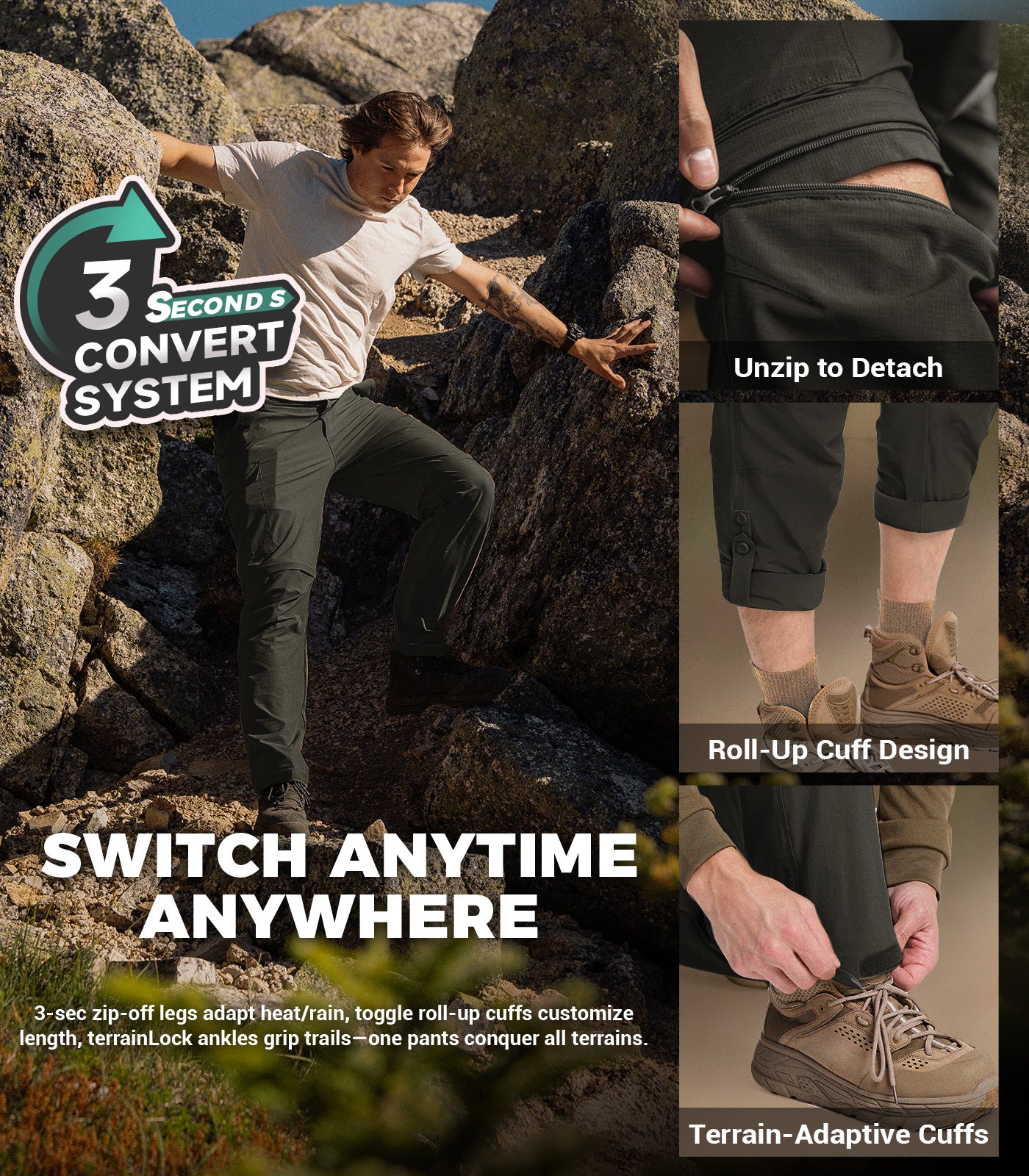 Pantalon de randonnée convertible pour hommes Pantalon cargo à séchage rapide - HikerFlex M015