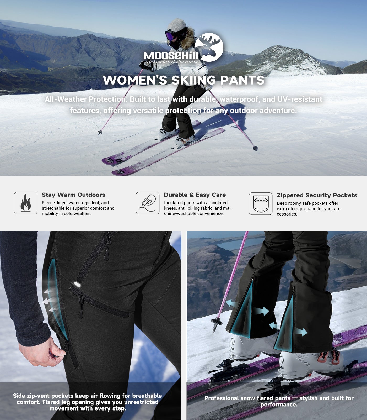 Women's Snow Ski Fleece lined Pants - SnowVenture W048