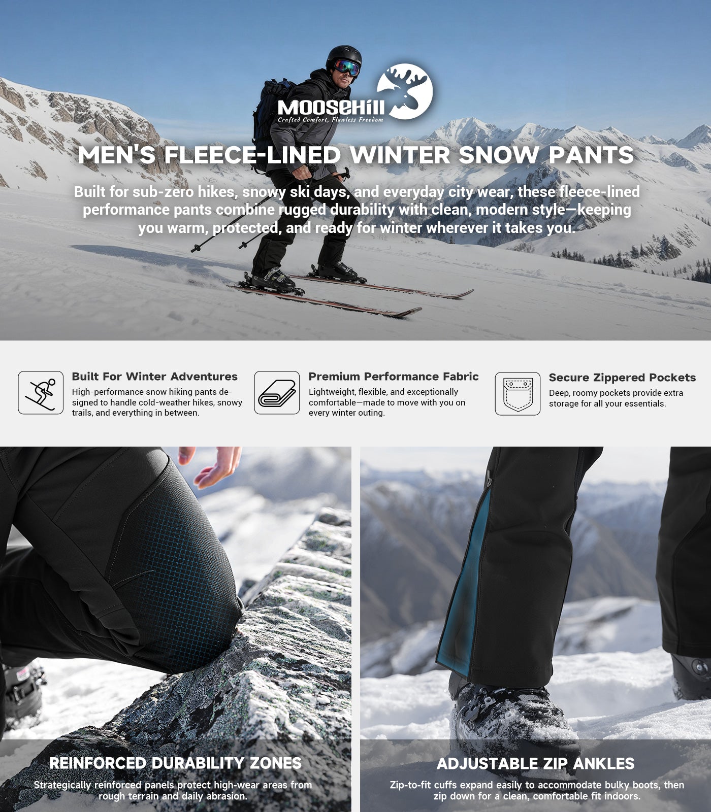 Men's Snow Ski Fleece lined Pants - SnowVenture M055