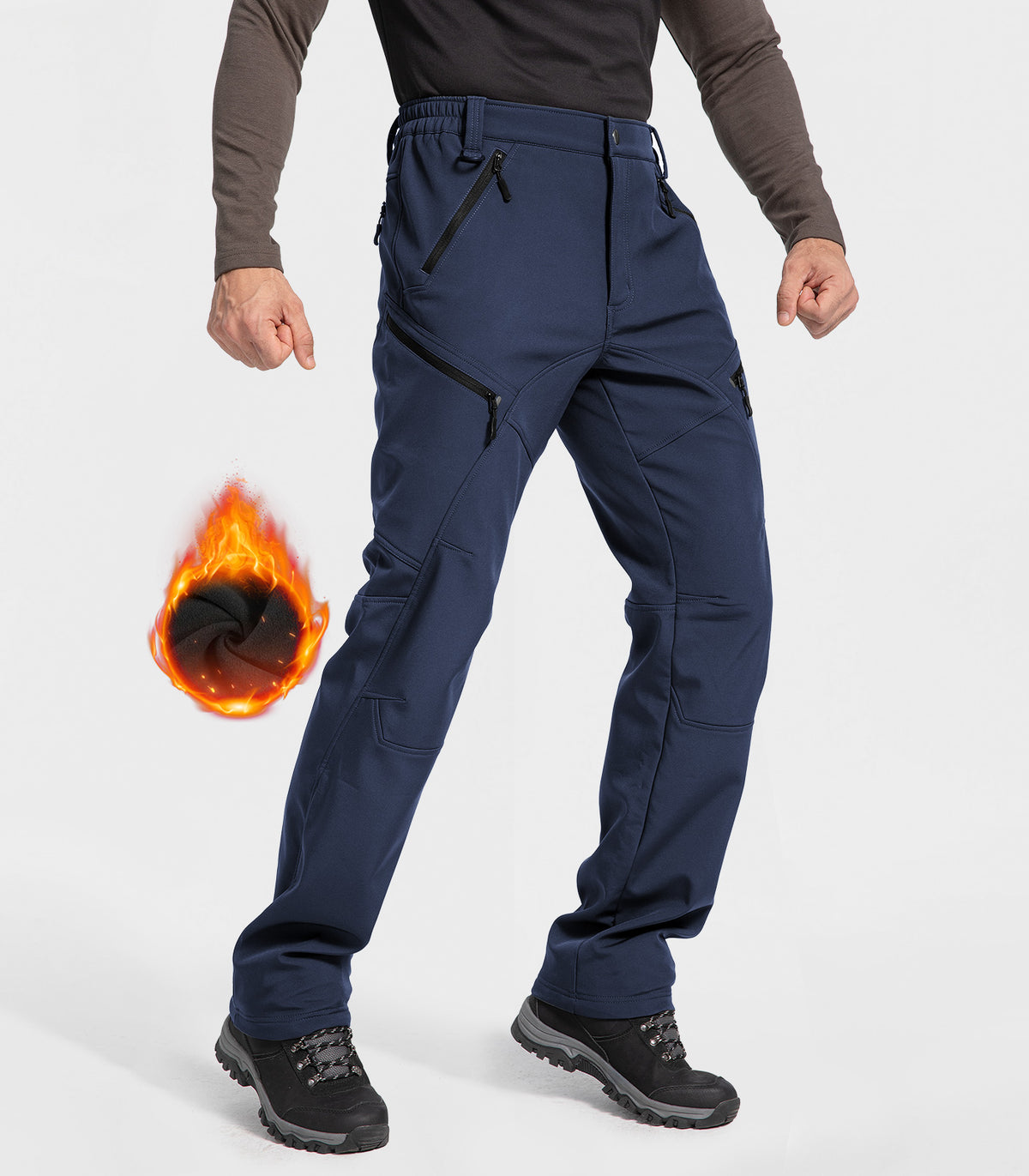 Man wearing a black vest, brown shirt, blue pants, and beige boots on a white background #Color_Navy