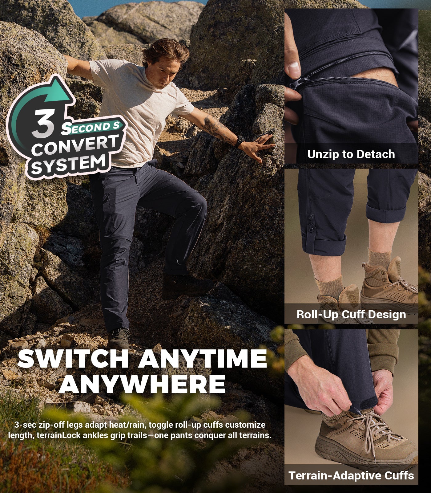 Pantalon de randonnée convertible pour hommes Pantalon cargo à séchage rapide - HikerFlex M015