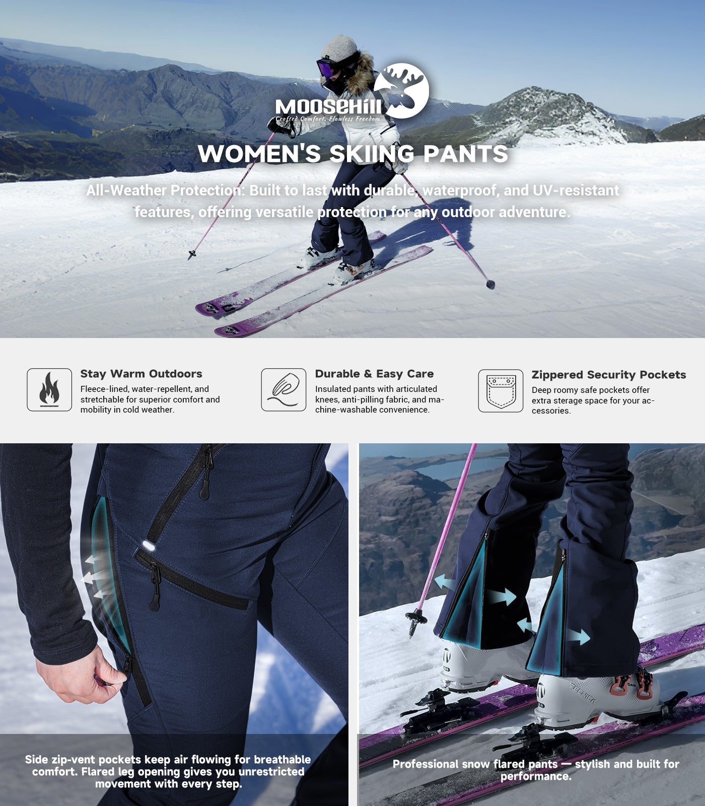 Women's Snow Ski Fleece lined Pants - SnowVenture W048