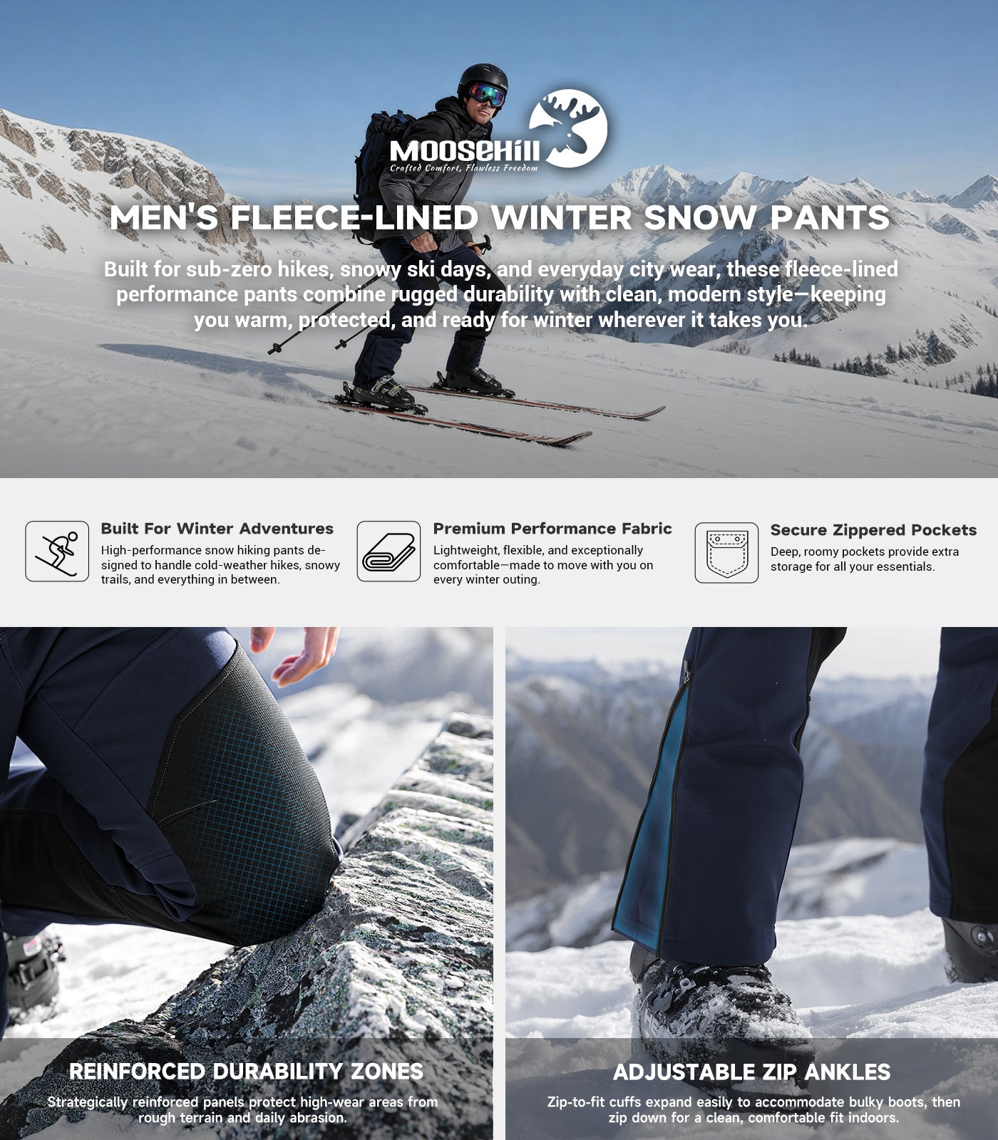 Men's Snow Ski Fleece lined Pants - SnowVenture M055