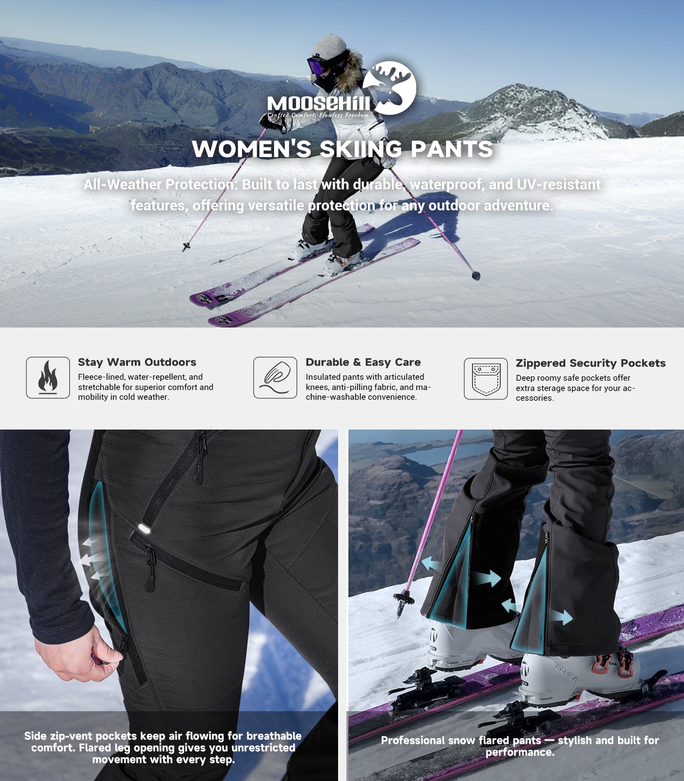 Women's Snow Ski Fleece lined Pants - SnowVenture W048