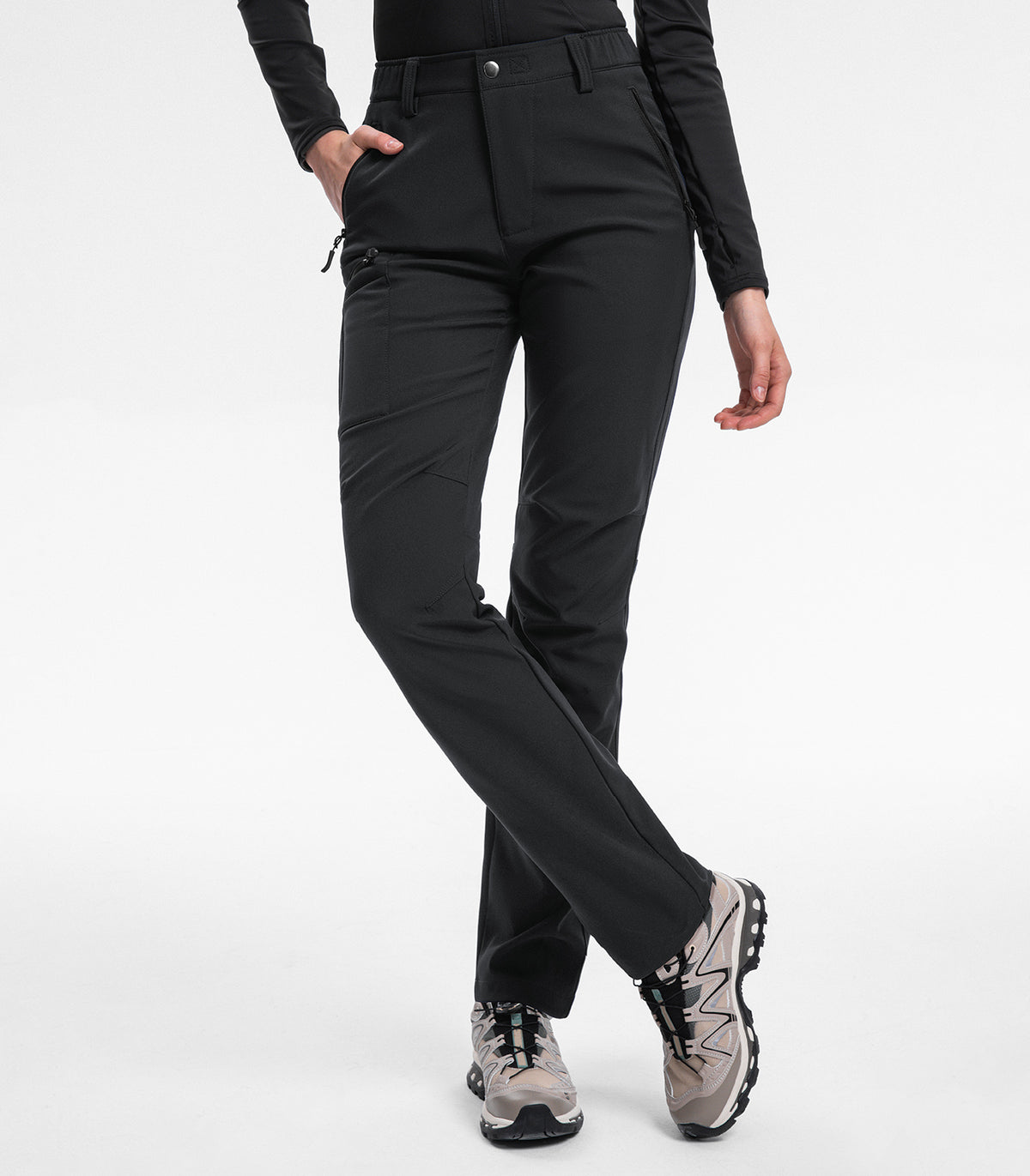 Women's Fleece Lined Hiking Pants #Color_Black