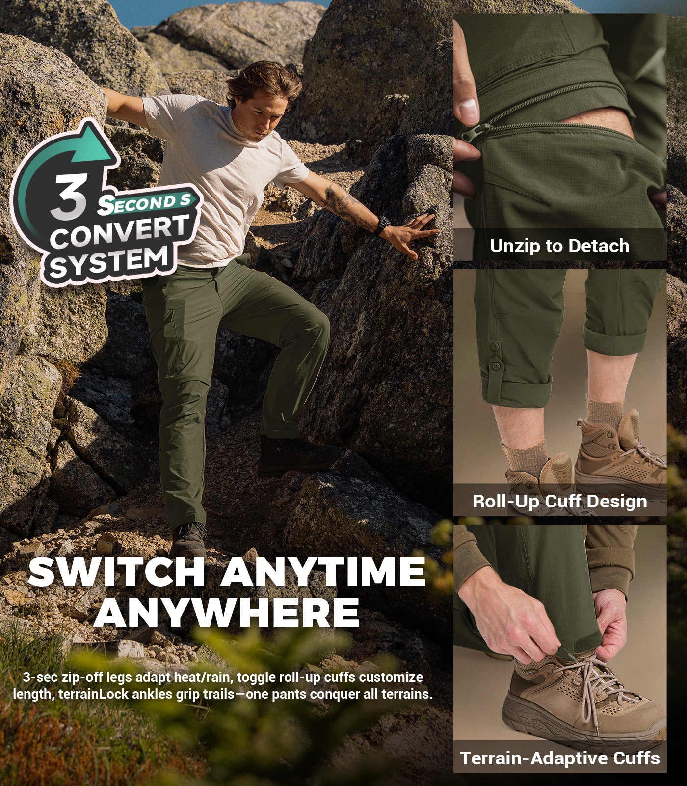 Pantalon de randonnée convertible pour hommes Pantalon cargo à séchage rapide - HikerFlex M015