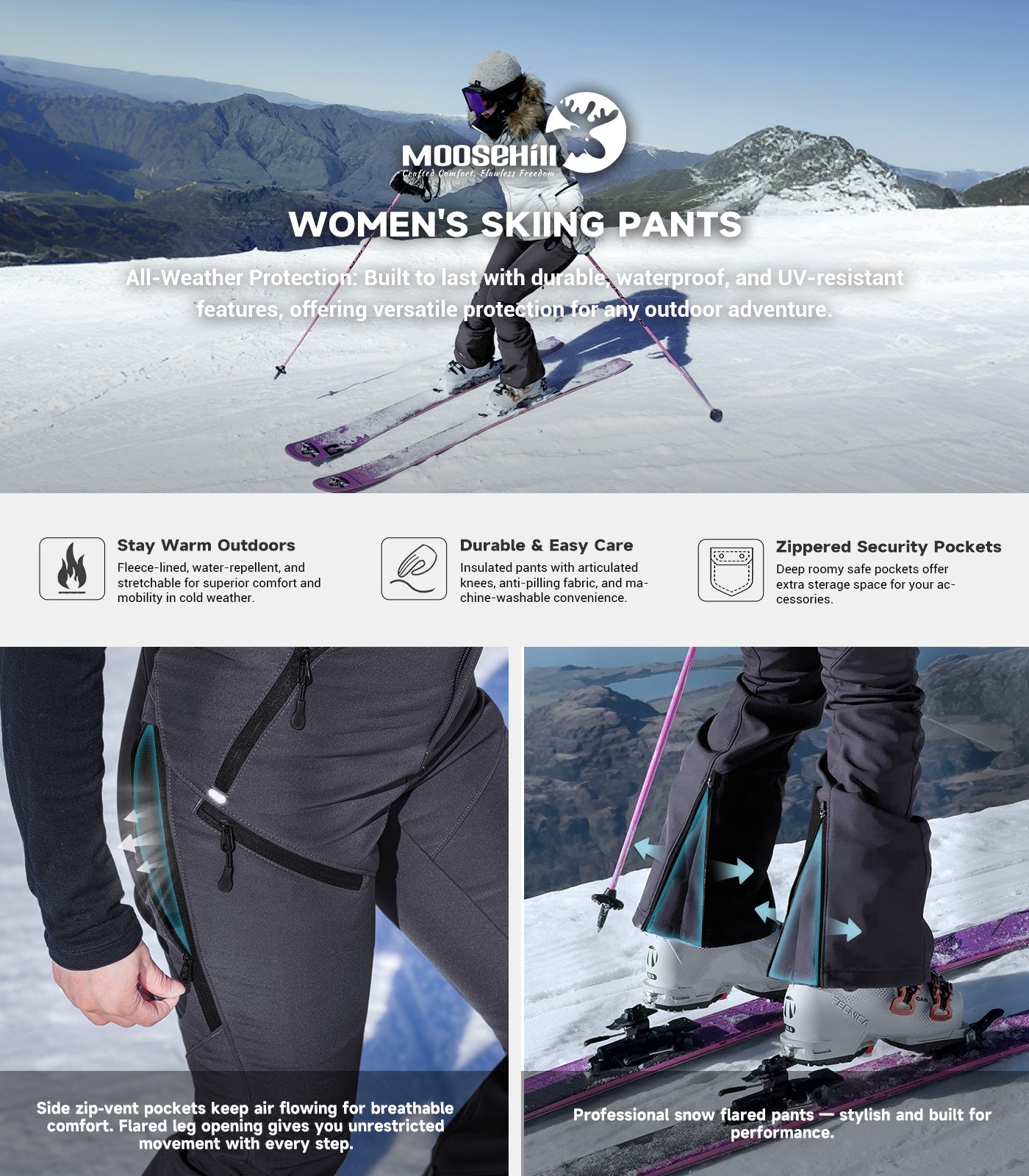 Women's Snow Ski Fleece lined Pants - SnowVenture W048