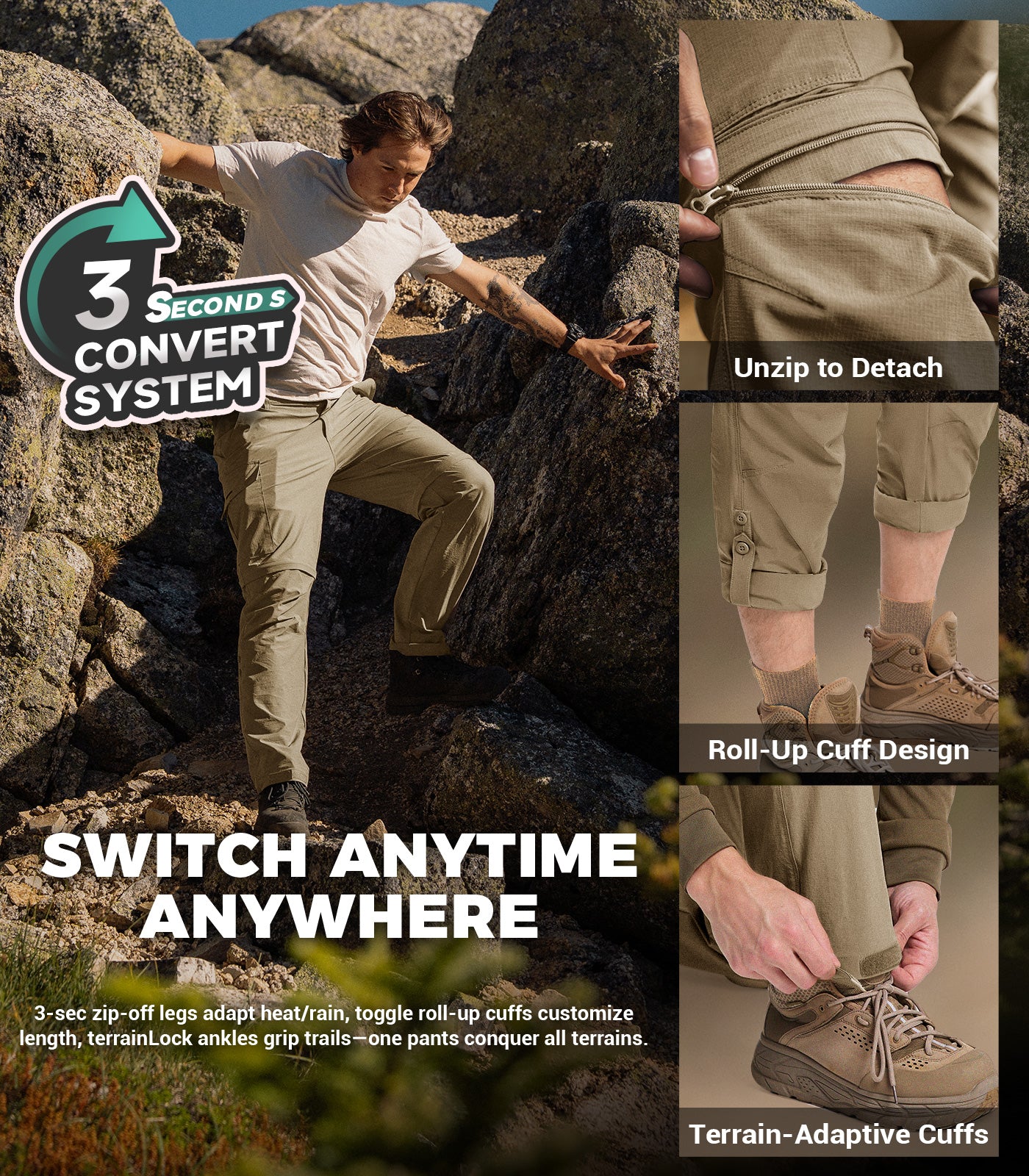 Pantalon de randonnée convertible pour hommes Pantalon cargo à séchage rapide - HikerFlex M015