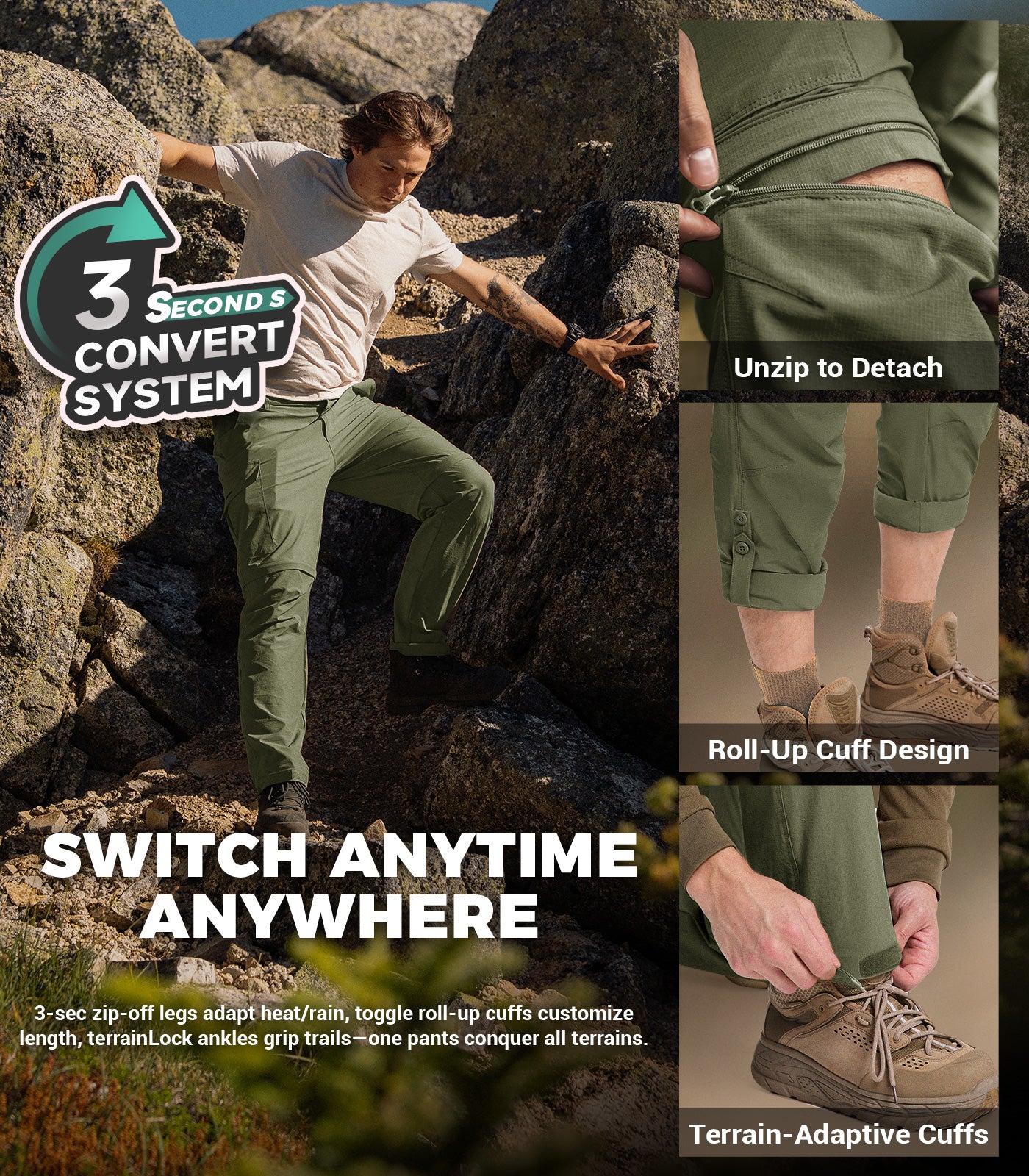 Pantalon de randonnée convertible pour hommes Pantalon cargo à séchage rapide - HikerFlex M015