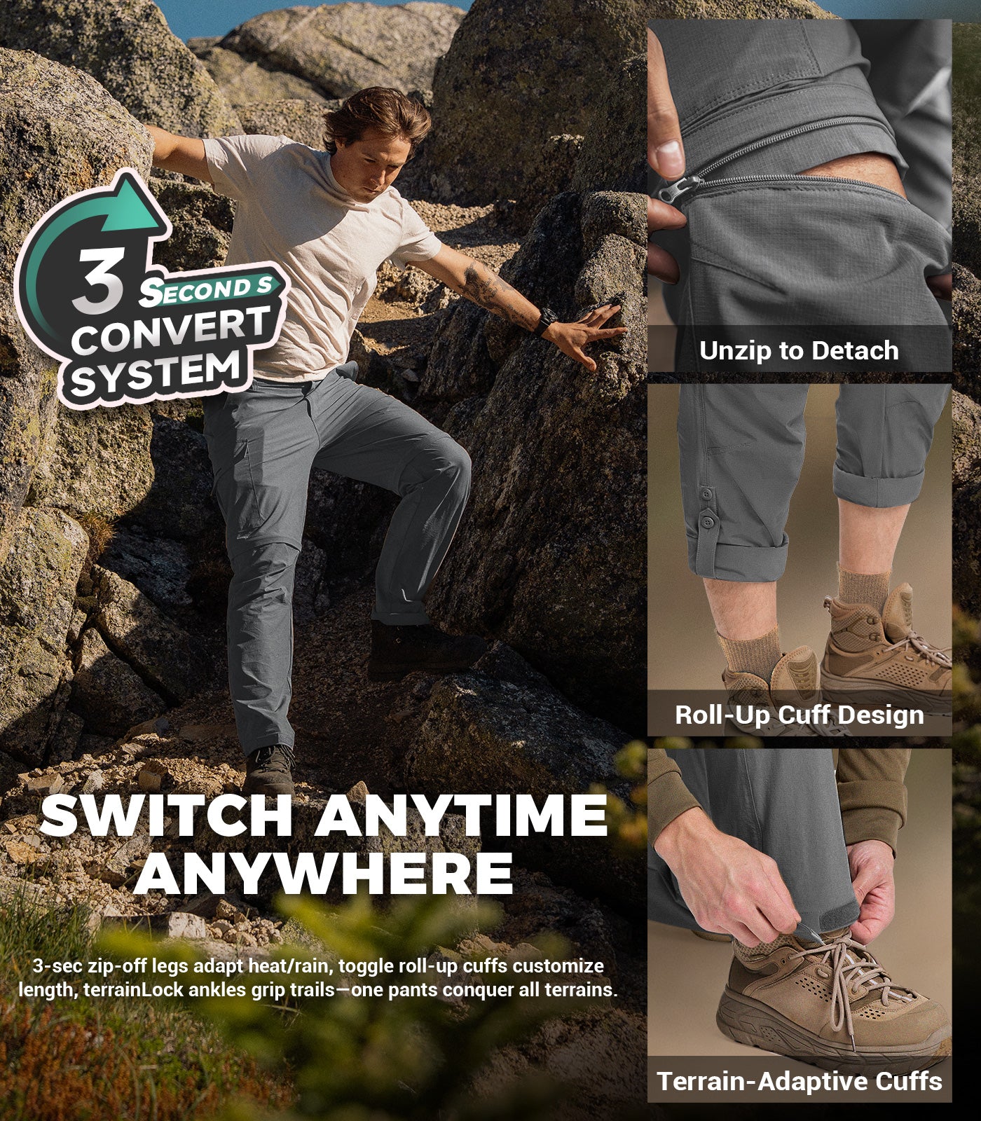 Pantalon de randonnée convertible pour hommes Pantalon cargo à séchage rapide - HikerFlex M015