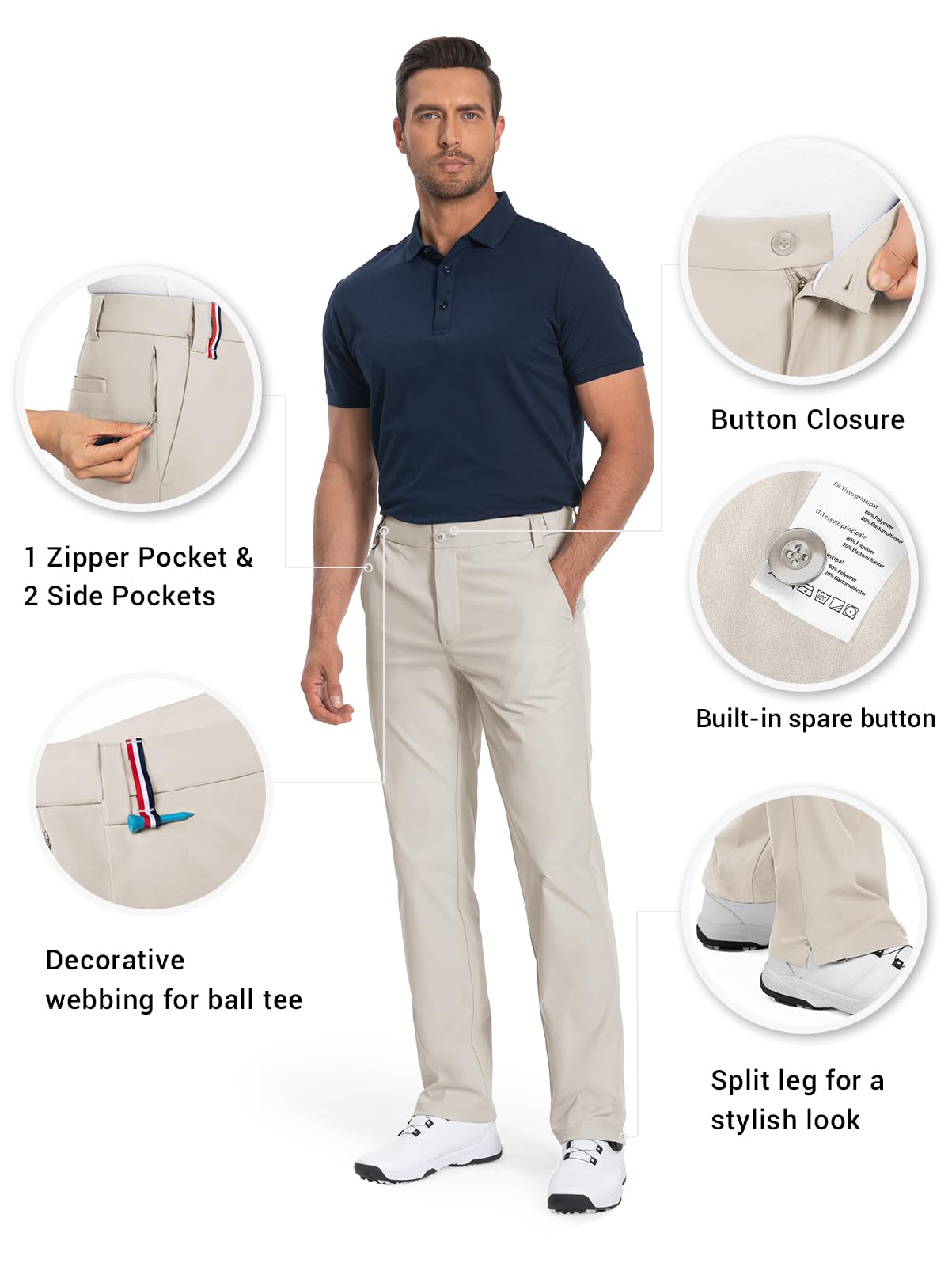 Men's Golf Pants Classic Fit Stretch Quick Dry Lightweight Dress Work Casual Outdoor Comfy Trousers with Pockets