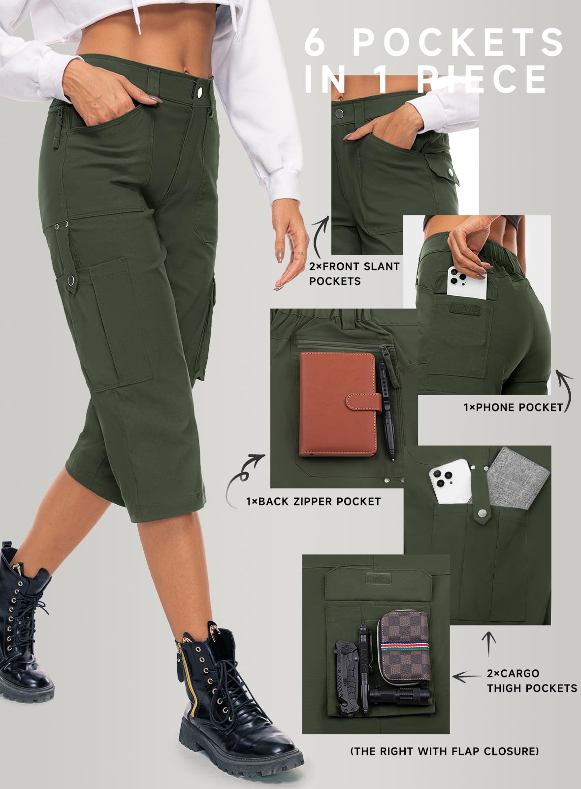 Women's Cargo Capris Pants High Waist Waterproof Hiking Casual Travel Summer Pants for Women with 6 Pockets