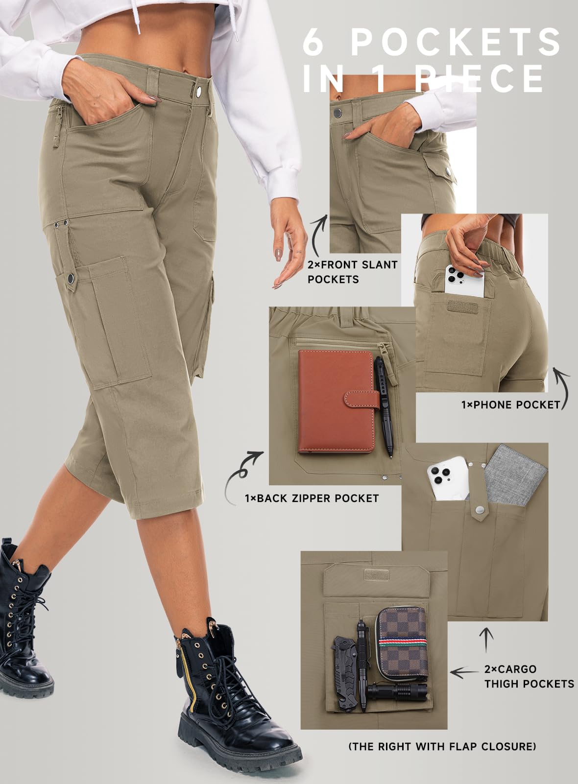 Women's Cargo Capris Pants High Waist Waterproof Hiking Casual Travel Summer Pants for Women with 6 Pockets