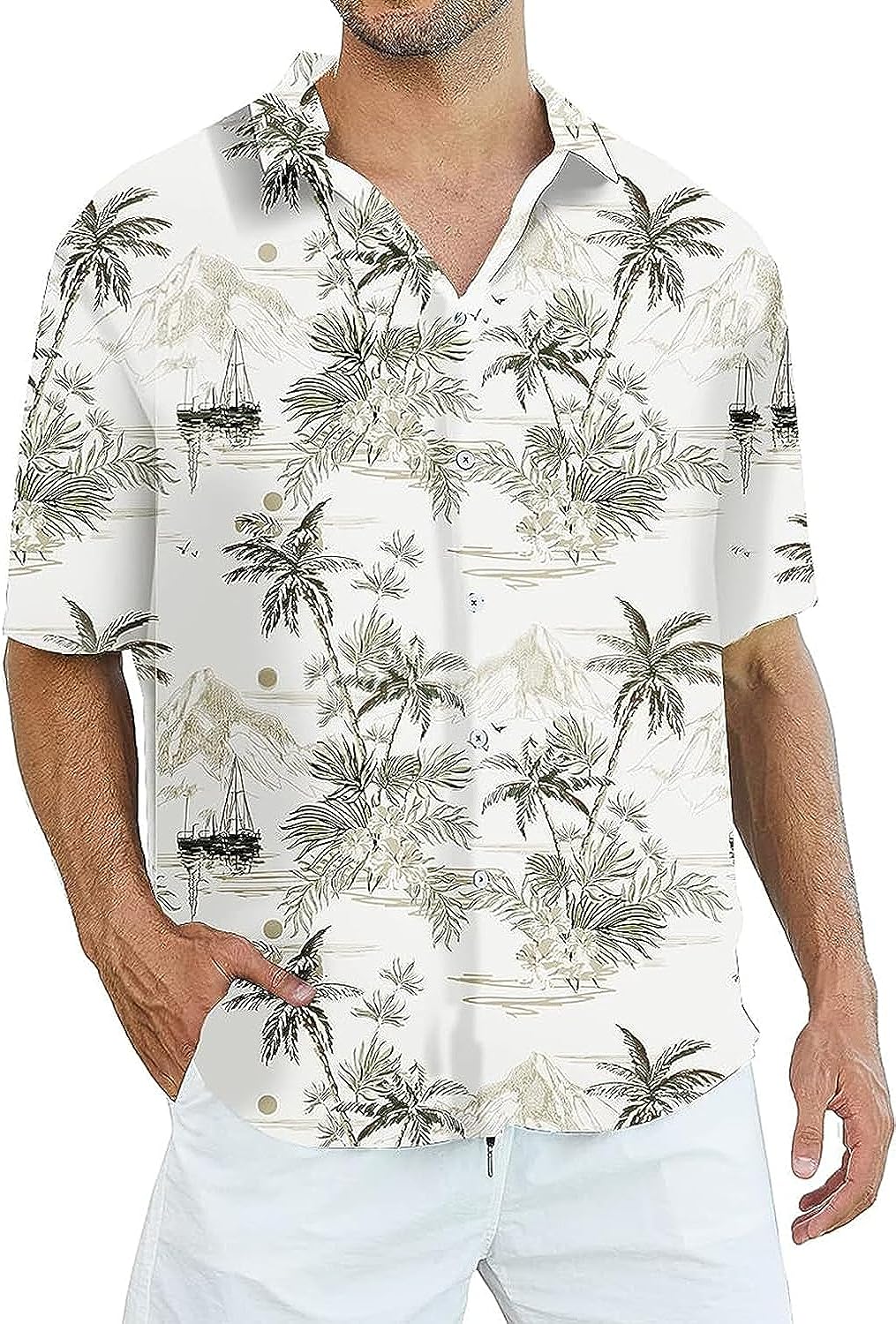 Mens Hawaiian Shirts #Color_Beige Palm