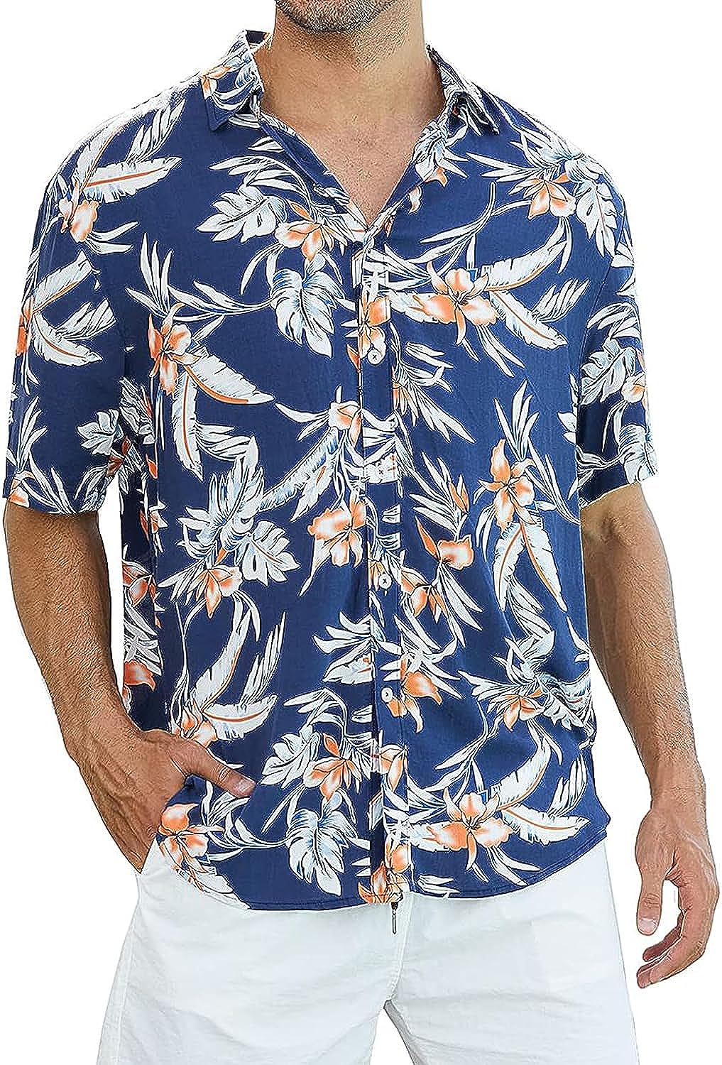 Men's Hawaiian Shirts - Short Sleeve, Tropical Button Down Shirts for Summer Beach, Unique Patterns, Sizes S-3xl Navy Floral / XXL